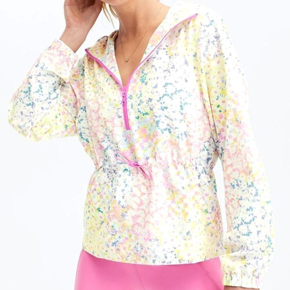 FABLETICS Windbreaker Jacket Hooded Zipper White/Pink Floral Women Large NEW NWT - Picture 1 of 9